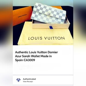 Authentic Louis Vuitton Damier Azur Sarah Wallet Canvas Made in Spain CA3009